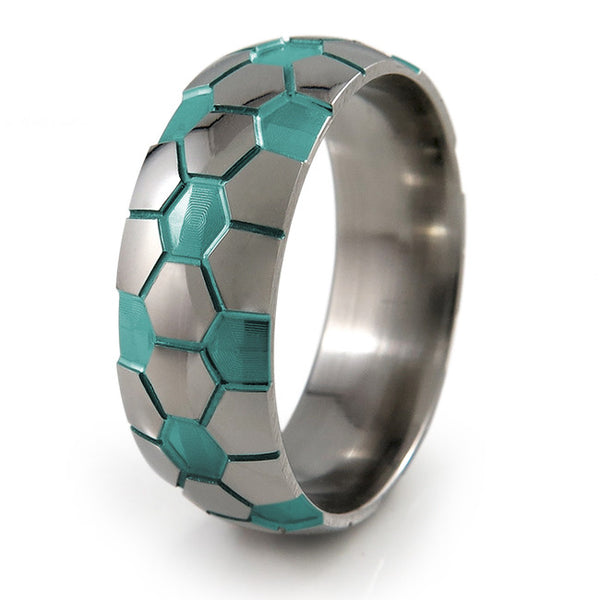 Soccer Ball Titanium Ring with turquoise accent