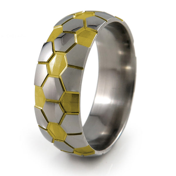 Soccer Ball Titanium Ring with yellow accent