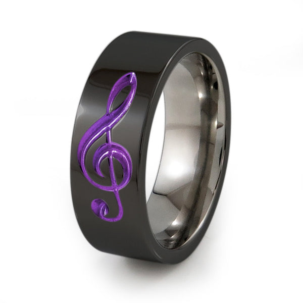 Treble Clef Music Ring.  Titanium Ring for music lovers. Titanium Ring with Colour accent.