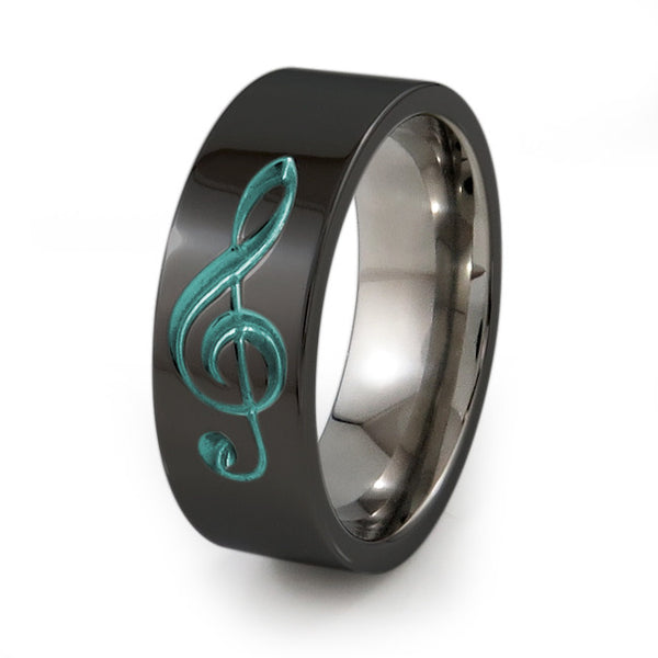 Treble Clef Music Ring.  Titanium Ring for music lovers. Titanium Ring with Colour accent