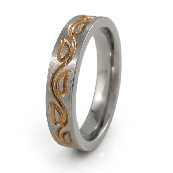 The Vineleaves titanium ring features a dainty and feminine vine leaf carving all around the ring. This titanium ring can be further personalized with your preferred color accent and finish